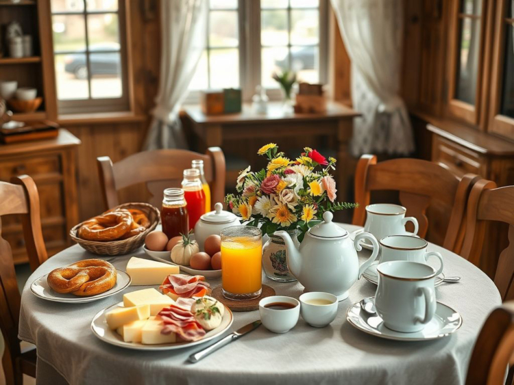 Uriger Raum mit einem gedeckten Frühstückstisch mit Brezel, Eiern, Kaffeekanne, Säften, Blumenstrauß