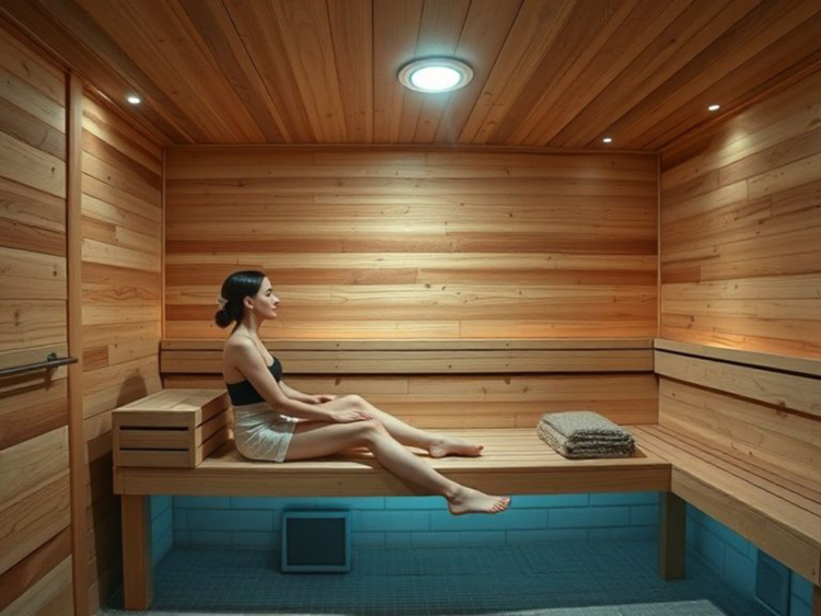 Eine Frau sitzt auf der Bank in einer Sauna