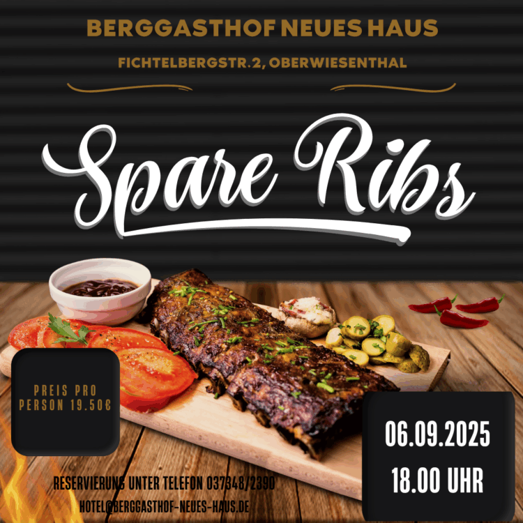 Spare-Ribs-Aktion im Berggasthof Neues Haus Oberwiesenthal Flyer für ein Spare-Ribs-Angebot mit Abbildung eines Stückchen Fleisches mit Gemüse